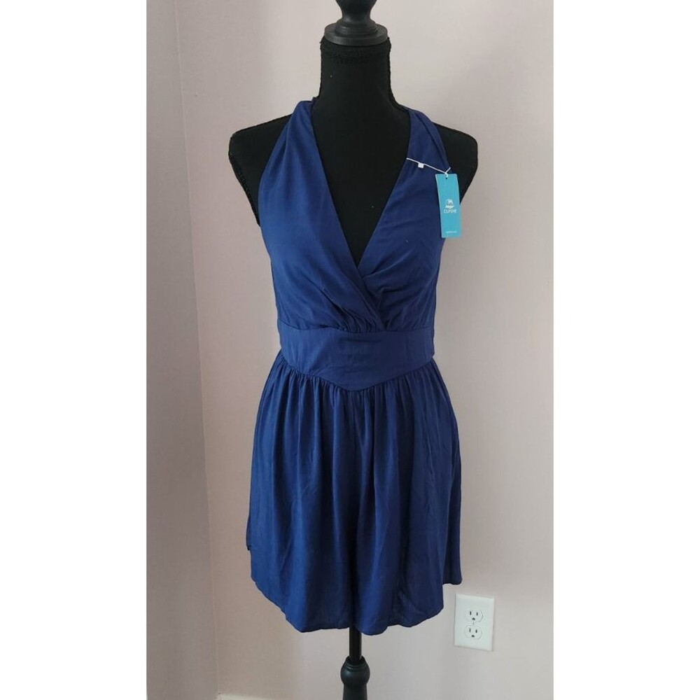 NWT Cupshe Halter Romper Navy Blue Wide Leg Plunging V-Neck Summer Size Small - Picture 2 of 7